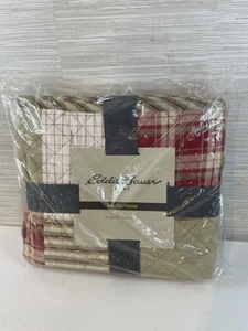 Eddie Bauer quilt throw 50”x60” lap blanket red blue beige patchwork plaid - Picture 1 of 3