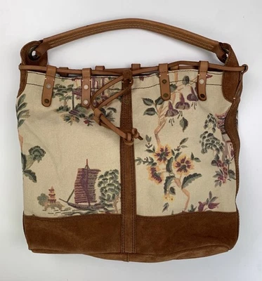 Vintage Y2k LUCKY BRAND Leather & Canvas Shoulder Bag Floral Slouchy Hobo Boho - Image 1 of 4