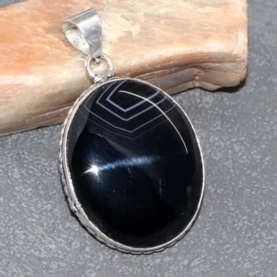 Banded Black Onyx 925 Silver Plated Pendant 1.8" Chunky Jewelry GW - Image 1 of 3