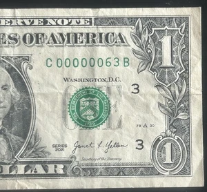 (SERIAL NUMBER 63!) $1 Very Low Two 2 Digit Fancy Serial Number C00000063B - Picture 1 of 3