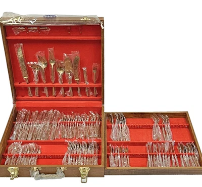 NEW! Faux Bamboo Nickel Bronze Flatware 103 Pieces Thailand with Teak Wood Case - Image 1 of 4