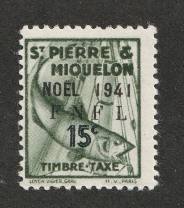 1942 St-Pierre et Miquelon Sc# J50 (15 ¢ postage due). Cod Fish. MH Cv$24.00 - Image 1 of 1