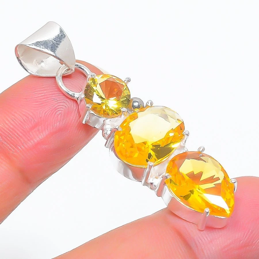 Colgante de joyería de plata esterlina 925 hecho a mano con piedras preciosas de citrino amarillo tamaño 2" Foto 1 de 1