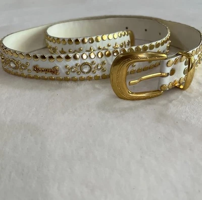 Cinturón blanco vintage Kippys cristales de Swarovski estrellas doradas lunas tachuelas 42" Italia Foto 1 de 4