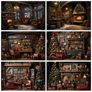 Telón de fondo de Navidad para fotografía casa de madera rústica árbol de Navidad gabinete de regalo - Imagen 1 de 21