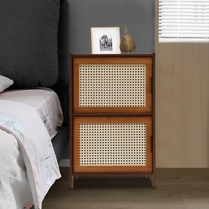 Nightstand With Decor Drawers Rattan Pattern End Table - Bamboo Sofa Side Table - Picture 1 of 24