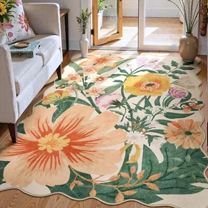 New-Floral Washable Beige 5x7 Area Rugs for Living Room,Boho Flower Rugs for Bed - Picture 1 of 6