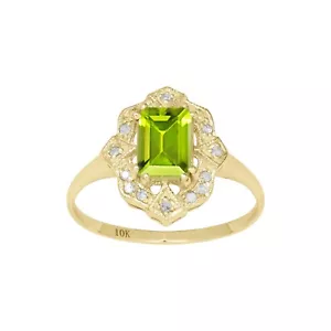 10k Yellow Gold Vintage Style Genuine Emerald-Cut Peridot and Diamond Ring - Picture 1 of 5