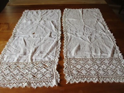 Rideau N°76 ancien paire linon lin très fin dentelle 35 x 82 cm abîmés lot de 2 - Photo 1/4