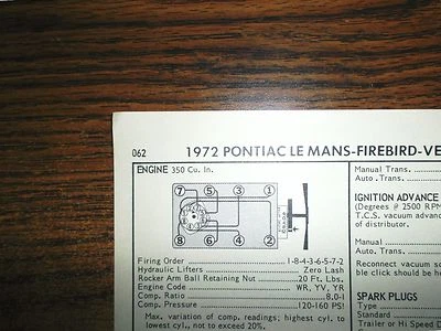 Pontiac & Firebird 1972 serie ocho 160-175 HP 350 CI V8 2BBL tabla de puesta a punto Foto 1 de 4