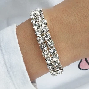 Silver CZ Cubic Zirconia Diamante Tennis Bracelet Flexible Bangle Bridal Gift UK - Picture 1 of 17