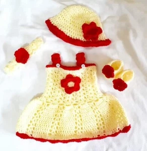 Crochet Baby Girl 0 to 3 Months Frock Set Dress Handmade Yellow and red.  - Picture 1 of 2