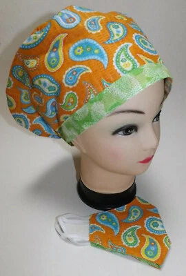 Lime Green & Orange Paisley Cotton Blend Scrub Hat/Cap Matching Mask NWOT USA - Image 1 of 4