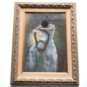 Spanische Frau auf einem Stuhl goldener Rahmen Pastell signiert Planas - Bild 1 von 7