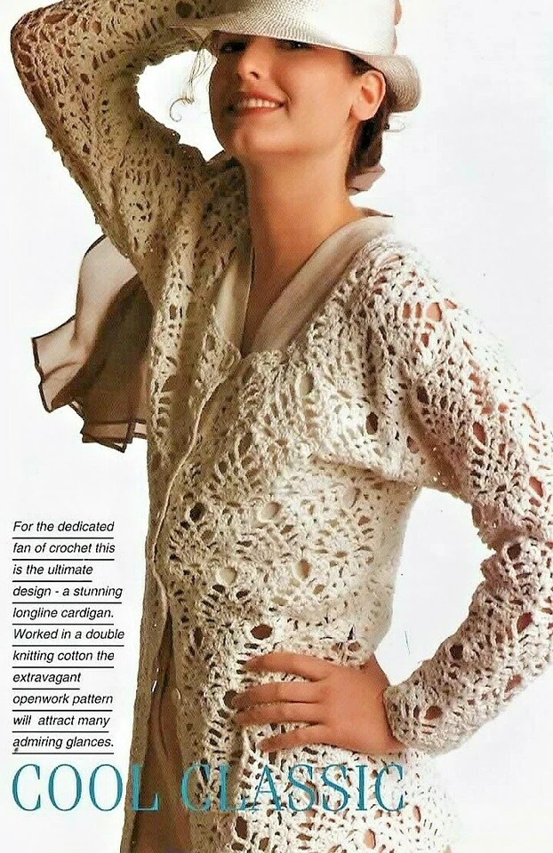 923 LADIES CROCHET DK LONG-LINE CARDIGAN 32-38" VINTAGE CROCHET PATTERN - Image 1 of 1