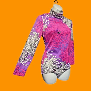 VTG 60S/70S BODYSUIT S leotard onepiece top purple pink crysanthemum mod gogo 4E - Picture 1 of 16