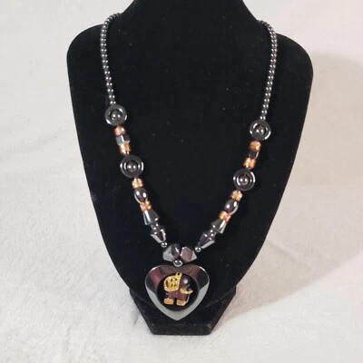 VTG Hematite 17" Open Heart Elephant w Gold Tone Accents Necklace Copper Spacers - Image 1 of 4