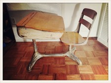 Antique Wood and Metal Childrens School Desk and Chair, adjustable