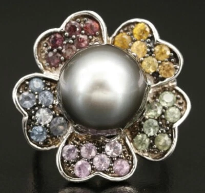 Oro Blanco 14k Cultivado Barroco Gris Perla Coloridos Envolventes Pétalos de Zafiro WOW Foto 1 de 4
