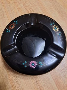 Vintage Round Ceramic Ashtray Handpainted Black Pretty Floral Made In Japan  - Picture 1 of 5