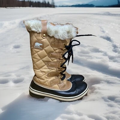 Sorel Tofino зимние ботинки женщин Sz 7 США искусственного меха высокий NL1937-374 желтовато-коричневый черный - Изображение 1 из 4