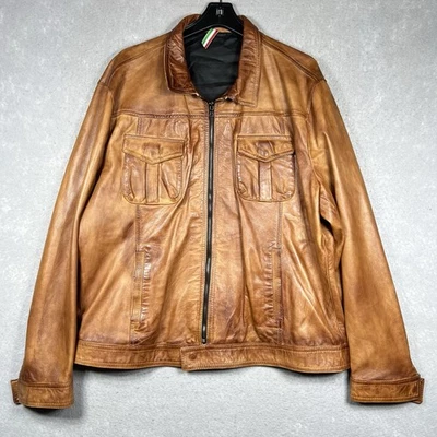 Vera Pelle Faux Leather Jacket Smooth Lambskin Brown Men Size Large Made Italy - Image 1 of 4