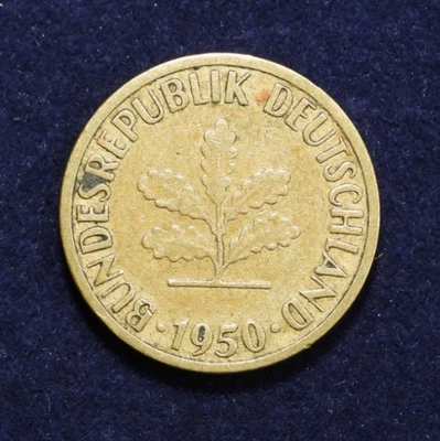 1950 J Germany 5 Pfennig Brass Plated Steel Coin KM 107 - Image 1 of 4