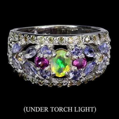 Anello in argento sterling 925 ovale opale di fuoco tanzanite gemma gioielli - Immagine 1 di 4