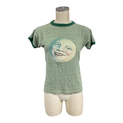 Vtg Champion Blue Bar Moon Face Smiley Babydoll Tshirt S/M Ringer Graphic Green - Image 1 of 4