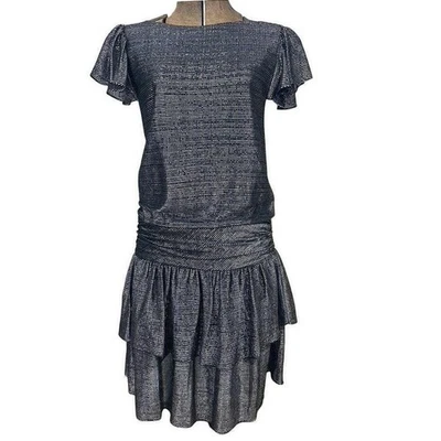 Mini Vestido Formal Vintage Para Mujer (S) Metálico Plateado Cintura Caída Años 80 Foto 1 de 4