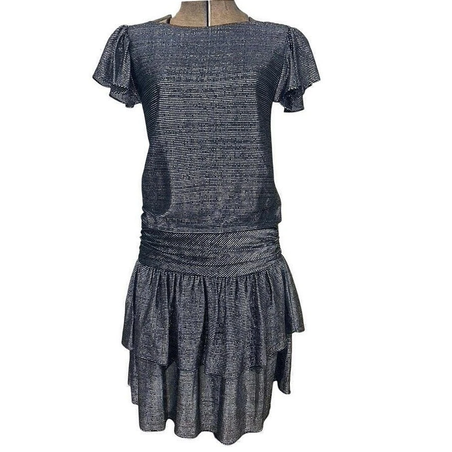 Mini Vestido Formal Vintage Para Mujer (S) Metálico Plateado Cintura Caída Años 80 Foto 1 de 4