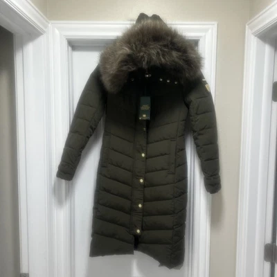 Новый с Ярлыками Holland Wellington Longline пуховик длинное оливковое пальто парка искусственного меха капюшон XS - Изображение 1 из 4
