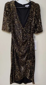 Vestido para mujer Calvin Klein talla 6 imitación envoltura lentejuelas brillo negro dorado nuevo con etiquetas - Imagen 1 de 9