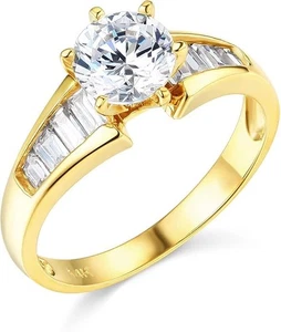 2.35 Ct Round Baguette Cut Real 14K Yellow Gold Engagement Wedding Promise Ring - Picture 1 of 3