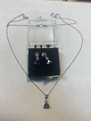 LGL 10k White Gold Amethyst Diamond Accent Earrings 18” Necklace Pendant Set - Image 1 of 4