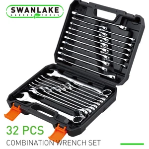 32PC Wrench Spanner Set SAE Metric 1/4"-1" 7-22mm 12 Point Box End Storage Case - Picture 1 of 8