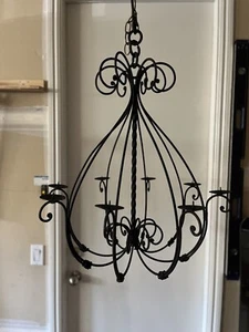 Vintage 8 Arm Black Wrought Iron Candelabra Chandelier Mid Century - Picture 1 of 12