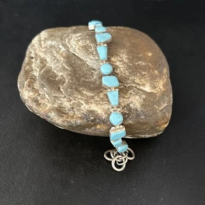 Southwestern Old Pawn Blue Turquoise Link Bracelet 8” Sterling Silver 14260 - Picture 1 of 12