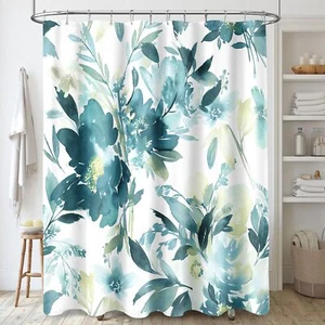 Teal Blue Watercolor Floral Shower Curtain 72x72" Modern Abstract with Hooks - Picture 1 of 7