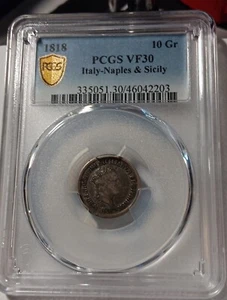 👉1818 - ITALY -NAPLES & - SICILY 10 Gr PCGS Gold Shield Vf 30 - Picture 1 of 5