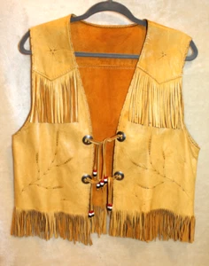 GILET VINTAGE IN VERA PELLE CON FRANGE, CRAVATTE IN PELLE E DISEGNO GRANO SU PELLE - Foto 1 di 11