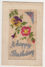 WW1 Embroidered Silk Postcard Happy Birthday Flowers Union Jack Flag Patriotic