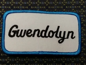 GWENDOLYN NAME TAG BLUE AND WHITE Iron or Sew-On Patch - Picture 1 of 2