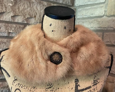 Envoltório de colarinho estola de vison bronzeado genuíno com botão enfeitado forrado década de 1950 INCRÍVEL - Imagem 1 de 4