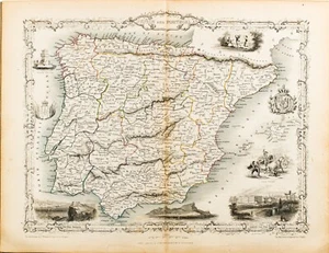 1851 SPAIN PORTUGAL ORIGINAL TALLIS RAPKIN MAP 11x14 WM31 - Picture 1 of 3
