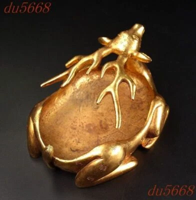 Cenicero de 5,2" China bronce dorado Feng Shui riqueza animal ciervo pluma lavado estatua Foto 1 de 4