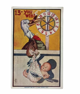 Vintage 1909 Postcard New Baby Stork 13 You Win Embossed F. A. Moss Denver Colo - Picture 1 of 2