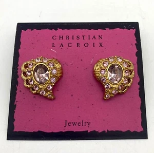 RARE VTG Signed CHRISTIAN LACROIX Gold Tone Pink Topaz Heart Conch Earrings Post - Picture 1 of 16