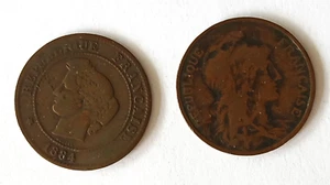 FRANCE TWO VERY OLD 1884 USED 5 CENTIMES + 1912 USED 5 CENTIMES COINS - Picture 1 of 2