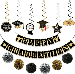 , Happy Graduation Banner Set - Pack of 19, No DIY | Graduation Backdrop, Swirls - Picture 1 of 12